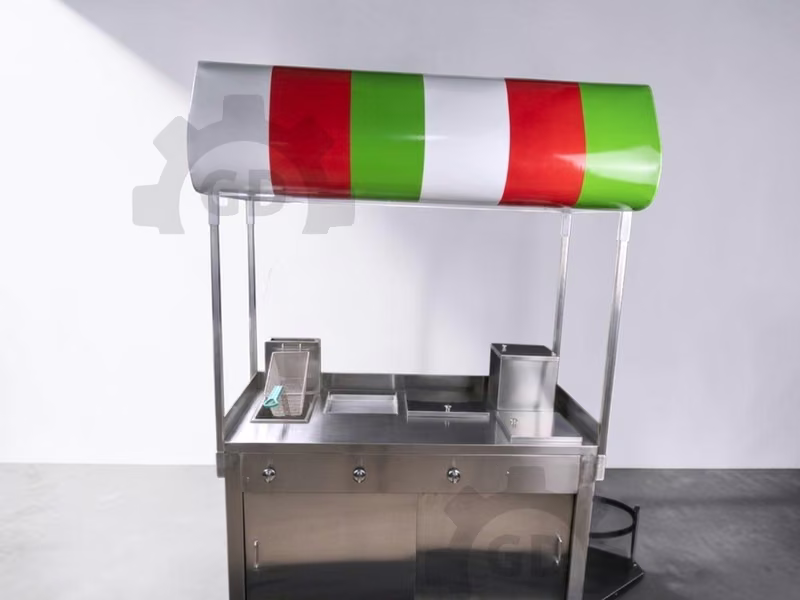 Carrito de comida de acero inoxidable con toldo, plancha y freidora