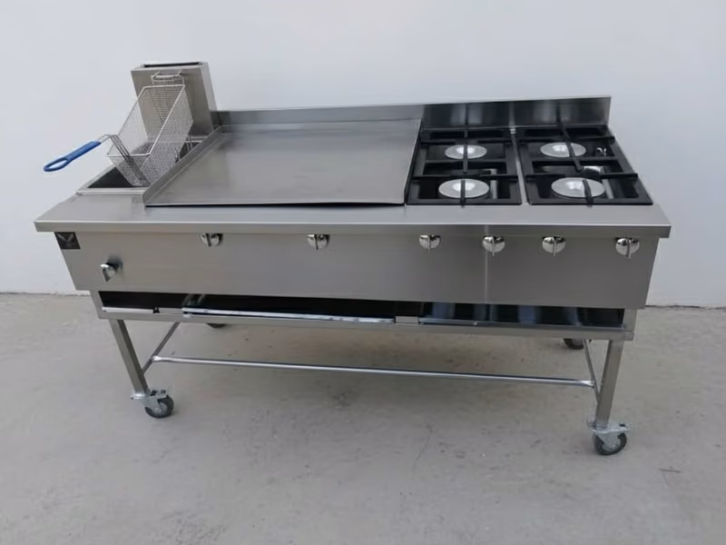 Cocina multifuncional de acero inoxidable con plancha, freidora y 4 quemadores