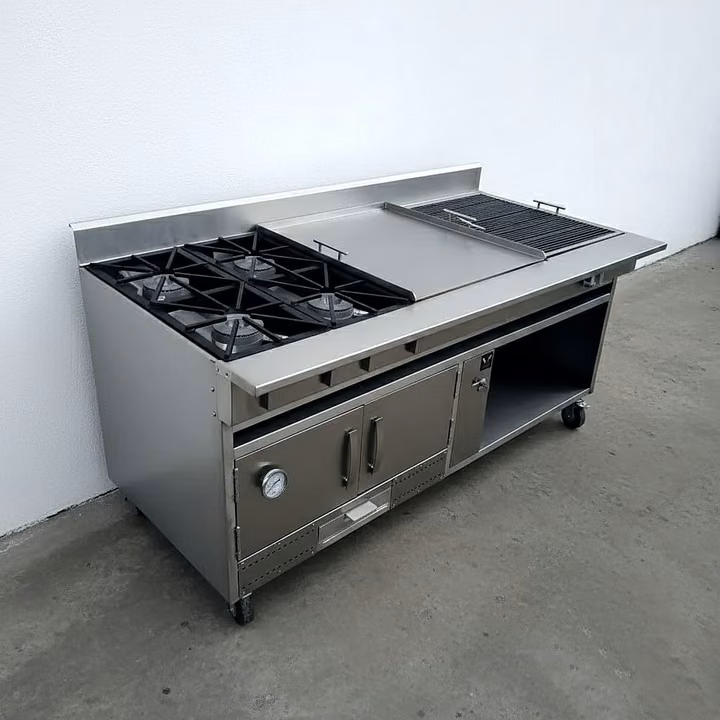 Cocina Master Chef de acero inoxidable con 4 quemadores, plancha, parrilla y horno