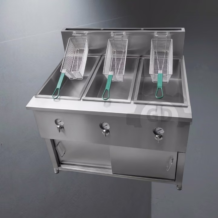 Freidora industrial de acero inoxidable con 3 cestas y gabinete corredizo