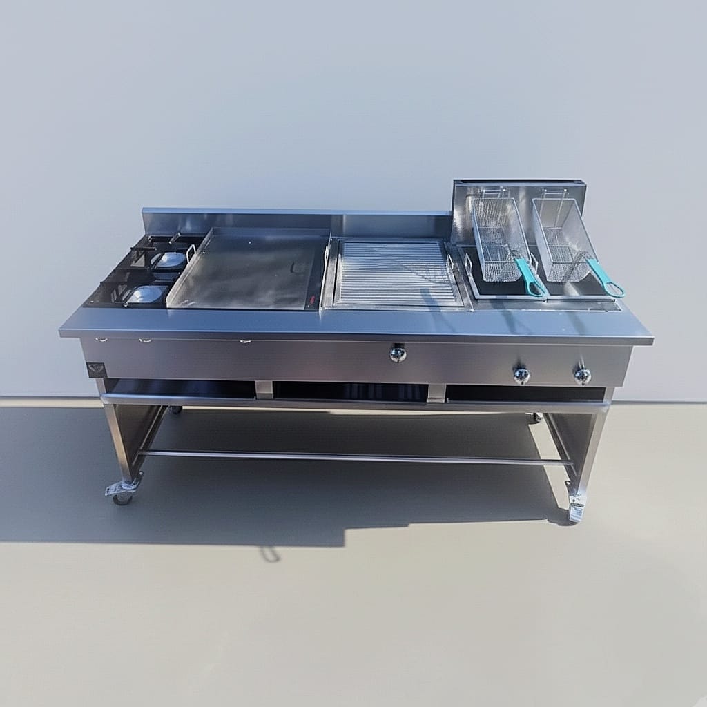 Cocina con plancha con 2 freidoras, parrilla y 2 quemadores